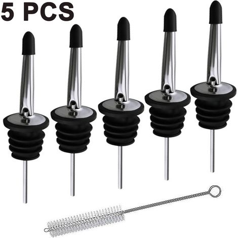 Lot de 5 becs verseurs pour bouteilles d'alcool avec capuchons anti-poussière en caoutchouc et 1 brosse de nettoyage, becs verseurs en acier inoxydable pour boissons, vin, verseurs rapides, bouchons d (1/5)