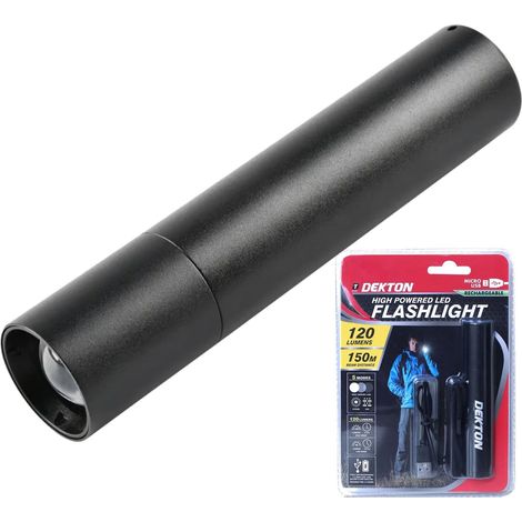 Dekton High Power Led Torch 120 Lumens 150m Flashlight Usb Rechargeable (1/2)