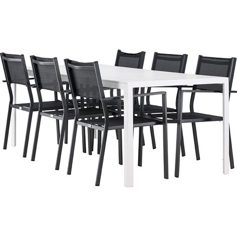 Break Gartenset Tisch 90x205cm weiß, 6 Stühle schwarz.