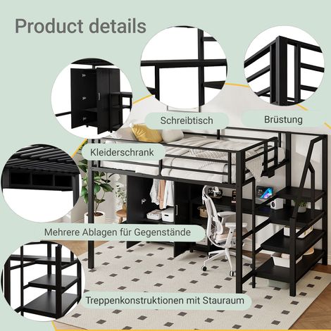 Lit mezzanine,140200cm,armoire,étagères,échelle de rangement,bureau,sans matelas,noir