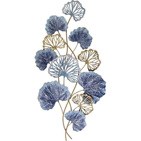 Décoration murale contemporaine feuilles multicolores en relief - bleu feuilles doré et gris (1/5)