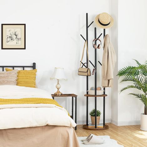 Garderobenständer, Freistehender Kleiderständer, Garderobe in Baumform mit 8 Haken, 2 Runde Ablagen, für Kleidung, Hut, Tasche, Wohnzimmer, Schlafzimmer, BüroDunkelbraun-Schwarz EBF33YM01G1,HOOBRO (1/5)