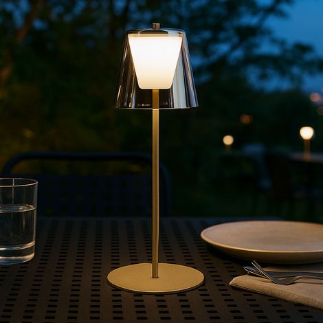 LED Tischleuchte Touchdimmer Außenlampe Rauchglas Gartenlampe Akku Tischlampe, Metall gold, 2W 270lm warmweiß, DxH 14 x 35 cm