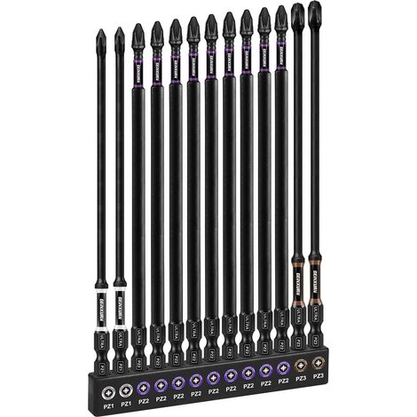 Pozidriv 13pcs Impact Screwdriver Bits PZ1 PZ2 PZ3 150mm Length Magnetic Screwdriver Bit Set Hex Shank 1/4" S2 Alloy Steel Color Coded (1/5)