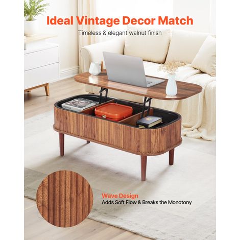 Table Basse Relevable Cannelée, Table de Salon Ovale avec Rangement Caché de 3 Compartiments, Plateau Relevable, Meuble en Bois pour Bureau Chambre, Mécanisme de Levage Métallique, Couleur Noyer (1/5)