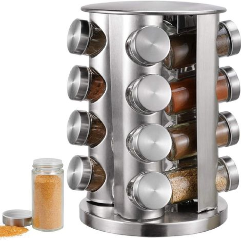 TrAdE Shop Traesio - Porta Spezie Girevole A 360° In Acciaio Con 16 Barattoli In Vetro Design Compatto Moderno - (1/5)