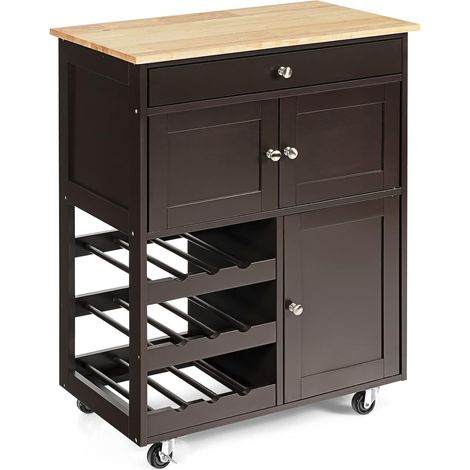 COSTWAY Kitchen Serving Trolley, Rolling Storage Island Cart with Drawer, 3 Tier Wine Racks, 2 Cabinets, Rubber Wood Tabletop and Wheels, Utility Storage Cabinet for Home Office and Restaurant