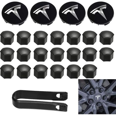 Ensemble de 4 cache-moyeux et cache-écrous de roue blancs avec logo Tesla (1/5)