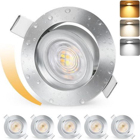 Lot de 6 spots LED encastrables - 230 V - Intensité variable - 60-70 mm - 5 W - 550 lm - 3000 K/4000 K/6500 K - IP44 - Pour salle de bain et salon - En aluminium brossé - Non rotatifs (1/5)
