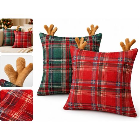 2 Pcs Housses Coussin Noel Tartan Cerf Rouge Vert 45 x 45 cm Sans Rembourrage Sofa Canape Fauteuil Deco Fete Hiver Vintage Chic (1/5)