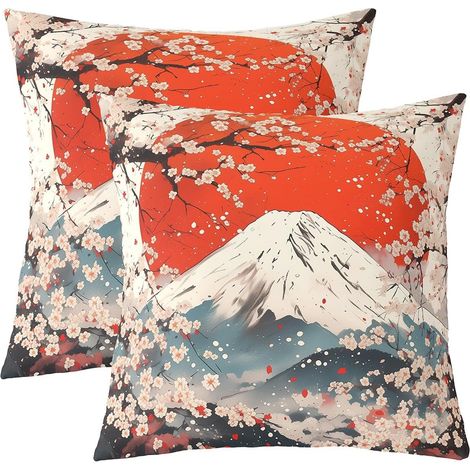 Lot de 2 Housse de Coussin 50x50,Taie d'oreiller Rouge Branche de Cerise,Style Japonais Ukiyoe Thème Décoratif Style Housse Coussin,Taie d'oreiller Décorative À L'Encre (1/5)