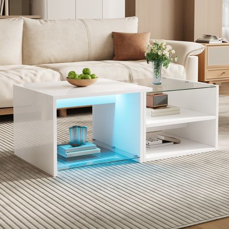 MODFU – Tavolino 100x50x38 cm in truciolato con 2 livelli, piano in vetro e LED tramite app, carico 25 kg – Bianco (1/5)