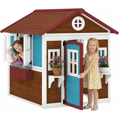 Outsunny casa de jardín infantil casa de madera para niños con puerta ventanas jardineras y soportes de flores 114x126,4x135 cm marrón oscuro