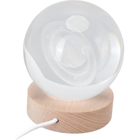 Saturne boule en cristal 3D lumineuse avec gravure intérieure, veilleuse en bois, décoration de bureau (modèle : Saturne), boule 8 cm + socle 7 cm, lumières colorées (1/5)