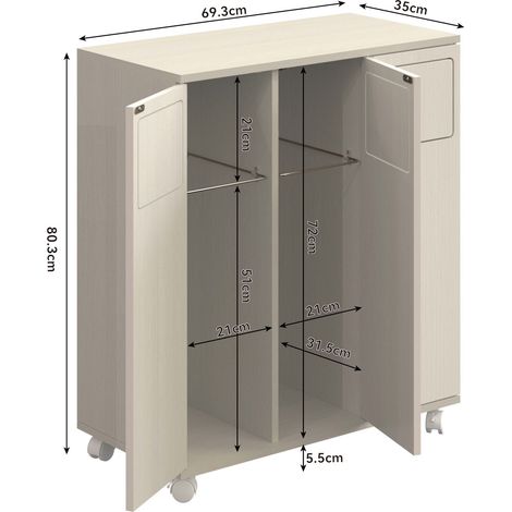 Armoire à déchets, meuble de cuisine roulant 3 compartiments, finition bois clair, placard de tri sélectif 3 portes avec roulettes blanches, pour cuisine et salle à manger, 69,3x35x80 cm (1/5)
