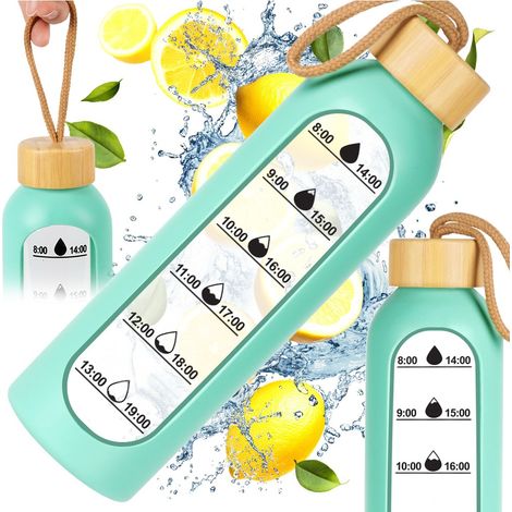 Motivationsflasche für Wassergetränke, große Sportflasche aus Glas und Silikon, 0,6 l (1/5)