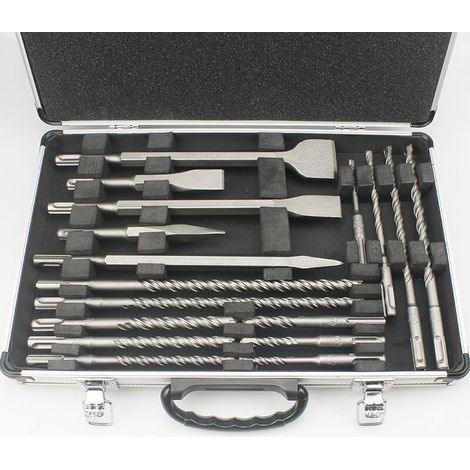 Set of 17 aluminum electric impact drill bits, pointed chisel and flat chisel