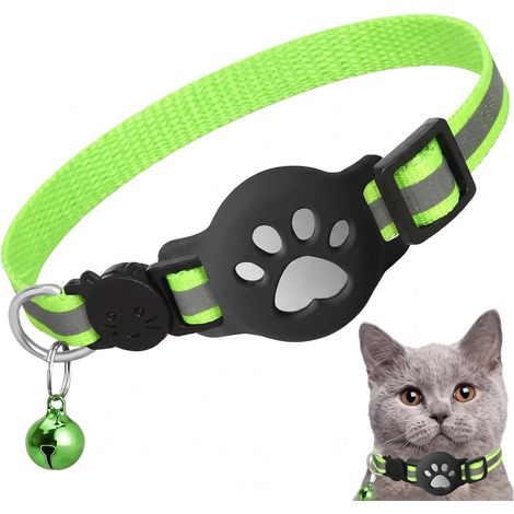 1 Pièce Collier Chat avec Support Compatible avec Air Tag, Collier GPS Réfléchissant Élastique, Vert Fluorescent, Anti-Étranglement Réglable (1/5)