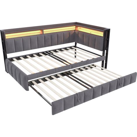 Polsterbett Schlafsofa 90x200cm Mit Ausziehbett LED-Beleuchtung und Ablagefächern am Kopf- und Fußende, Ausgestattet mit USB- und Typ-C-Anschlüssen. Samtstoff Dunkelgrau (1/5)