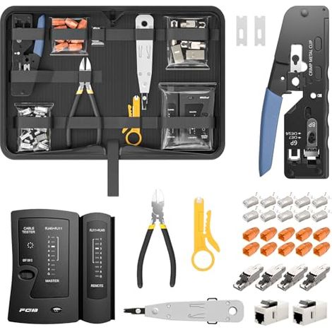 Kit de herramientas de red, crimpadora RJ45 de paso para cables Cat7, Cat6 y Cat5 con 4 conectores de red Cat7 sin herramientas, 10 conectores RJ45, herramienta de perforación LSA, comprobador de red 