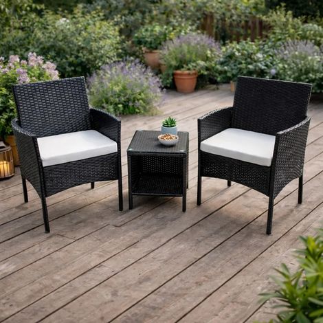 Salon de jardin 2 fauteuils et table basse tressée noir (1/5)