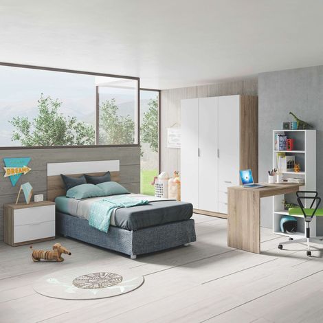 Pack Muebles Dormitorio Juveniles Color Blanco Artik y Roble Canadian (cabezal+mesita, mesa+estantería y armario)