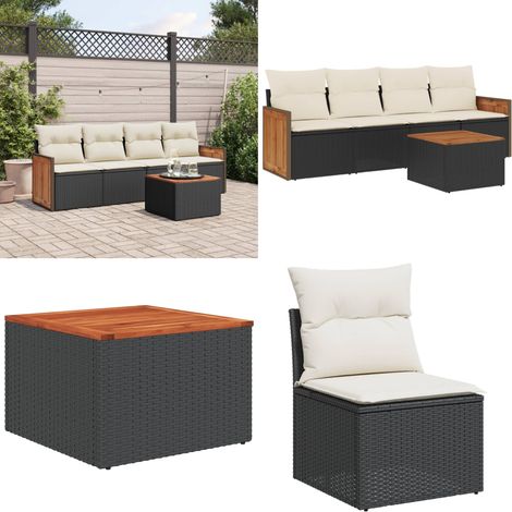 Salon de jardin 5 pcs avec coussins noir résine tressée - Ensemble Salon De Jardin - Meuble De Jardin - Mobilier Extérieur - Salon De Jardin Design - Chaise Longue - Home & Living (1/5)