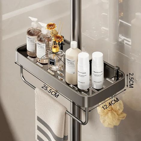 (Gris avec barre) Étagère de rangement pour salle de bain, barre de douche effet pluie, organisateur sans perçage, porte-gel douche et shampoing. (1/5)