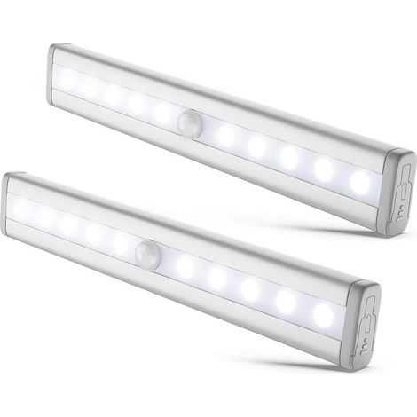 Juego de 2 tiras de luces LED, luces nocturnas LED con sensor de movimiento, autoadhesivas, funcionan con pilas, de aluminio. (1/5)