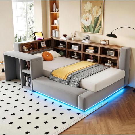 Letto imbottito 90 x 200 cm con contenitore, LED, prese, tavolino, grigio scuro HAVRYA (1/5)