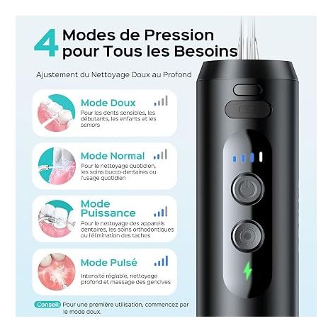 Mini Jet Dentaire Hydropulseur Portable: Design Compact et Sans Fil, 4 Modes, pour Appareil Orthodontie Dents Sensitives, Usage Nomade, Noir Brillant, T40 (1/3)