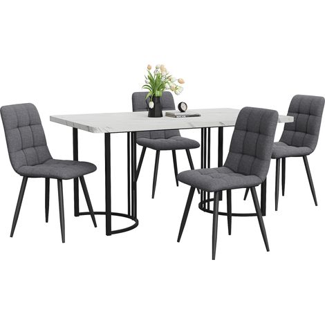 Ensemble de salle à manger 5 pièces avec table 140×80 cm et 4 chaises en tissu blanc, plateau MDF marbré, pieds métal réglables, style moderne CHICFURN (1/5)