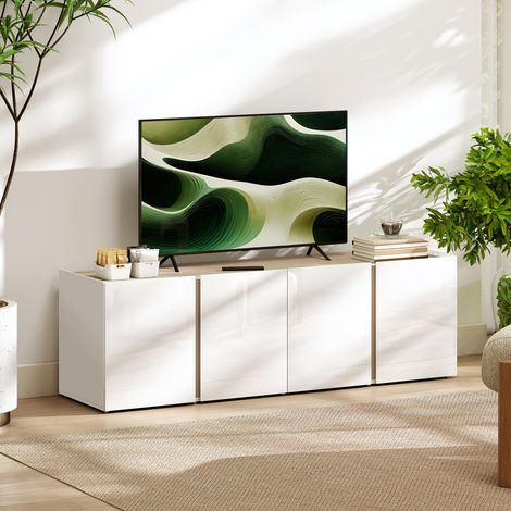 Mueble para TV, banco para TV con 4 puertas de cierre suave, estante ajustable y gestión de cables, 135 x 38 x 45 cm, blanco
