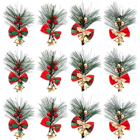 Weihnachts-Kiefernzweige, Beeren, 12 Stück, künstliche Weihnachts-Kiefernzweige mit roten/goldenen Beeren und Schleifen, weihnachtliche rote Beerenzweige für Weihnachtsbaum-Arrangements, Kranzdekorati (1/5)