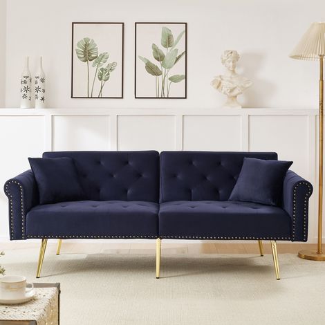 Sofá cama 2 plazas 147x85 cm azul antiguo en terciopelo con respaldo reclinable (1/5)