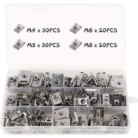 Kit Assortiment 100 d'Ecrous Clips en U pour Automobile, M4 M5 M6 M8 Kit de Clip à Écrou, Écrous de Fixation pour Garde-Boue de Voiture, Écrous à Clip de Fixation en U pour Automobile (1/5)
