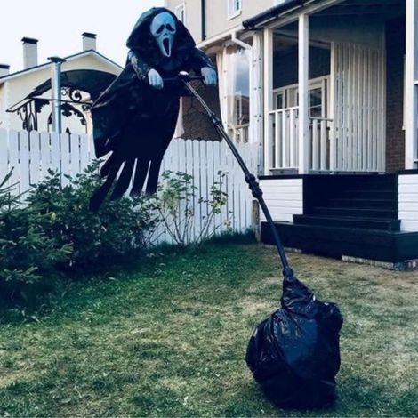 1 Ornement épouvantail, Ghostface effrayant, plastique et tissu, noir, décoration jardin Halloween extérieur (1/3)