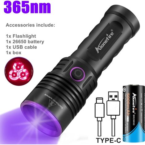 Lampe torche UV haute puissance 365 nm (3 x 365 nm - 26650) 60 W, rechargeable, pour marquage de taches (chats, chiens, minéraux, argent, scorpions), lampe de contrôle fluorescente. (1/5)