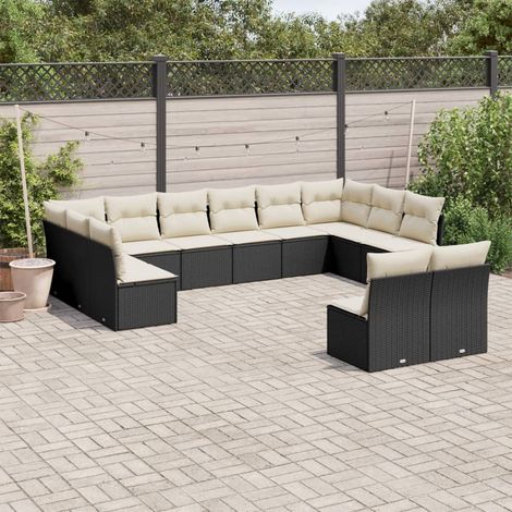 Set de sofás de jardín 12 piezas cojines ratán sintético negro