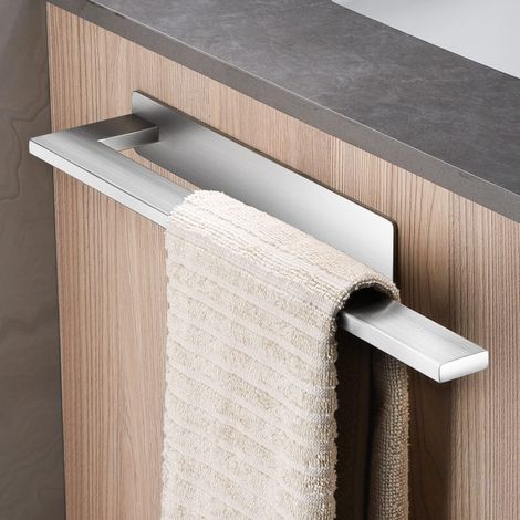 Porte-serviettes mural adhésif sans perçage - acier inoxydable 304 brossé, un bras, argenté, pour salle de bain, WC, cuisine