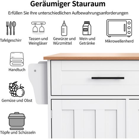 Desserte buffet 129×46 (71)×91,5cm, plateau imitation bois veiné, structure blanche, plateau rabattable, placard, roulettes, pieds bois réversibles, usage domestique (1/5)