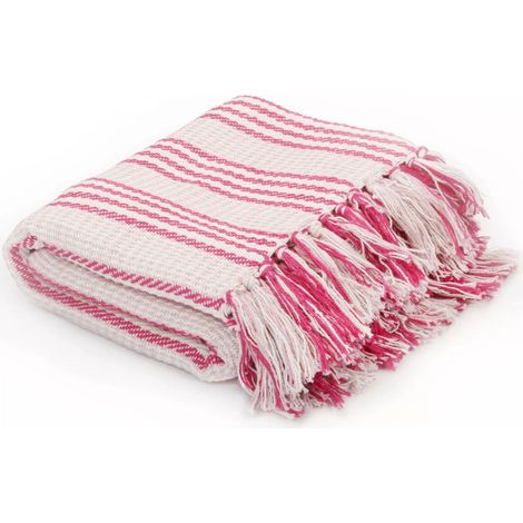 Couverture coton à rayures 220 x 250 cm Rose et Blanc (1/5)
