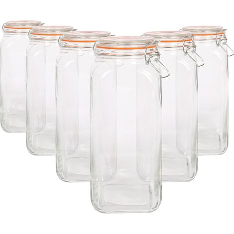 Lot de 6 bocaux en verre carrés – 2 L – Couvercle à clip – Hermétiques – Idéal pour conserves, pâtes, riz et épicerie – Passe au lave-vaisselle (1/5)