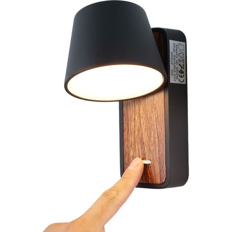 Applique murale noire et bois avec spot LED 6W et interrupteur 15cm