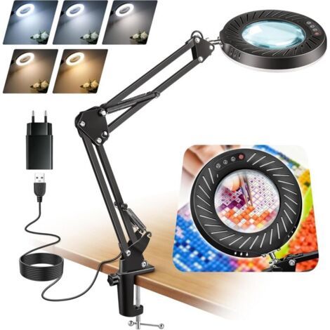 Lampe Loupe 12x avec Pince,Lampe Loupe de Bureau à Intensité Variable avec 5 Modes de Couleur, 9 Niveaux de luminosité pour Lecture,Réparations,Artisanat