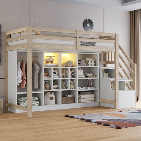 Lit mezzanine LED 90 x 200 cm Lit simple enfant avec Armoires et penderies à plusieurs compartiments Cadre en pin Naturel et Blanc
