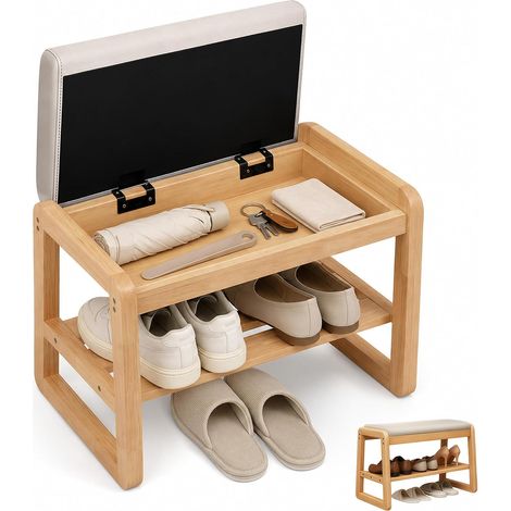Banc à Chaussures Entrée avec Rangement, Meuble Chaussure Bois Massif avec Coussin Similicuir, Banc de Rangement Effet Chêne Clair, Etagère à Chaussures 2 Niveaux pour Couloir(55cm) (1/5)