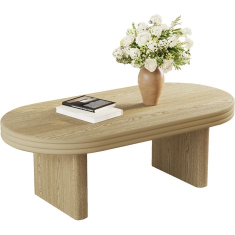 Table basse ovale rainurée en MDF avec placage bois clair, style mid-century, 120 x 60 x 41,5 cm, pour salon, bureau et déco  CHICFURN (1/5)