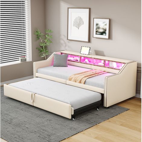 DESVIAE Canapé lit rembourré extensible 90 x 200 à 180 x 200 cm avec rangement LED port USB sommier à lattes beige (1/5)