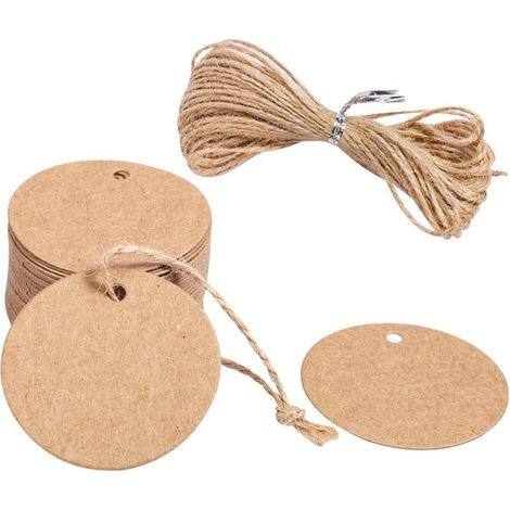 Dailygoods, Etiquetas de regalo (50 unidades), Etiquetas redondas, Etiquetas de papel kraft, Cordel de yute de 10 m, Aspecto vintage (1/5)